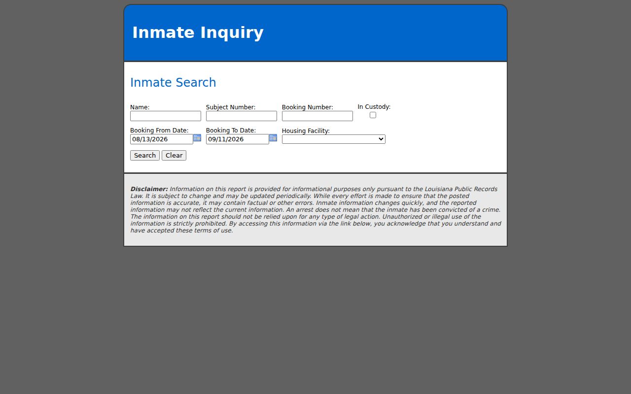 Ouachita Parish warrant and booking portal gate showing search controls with no person record displayed