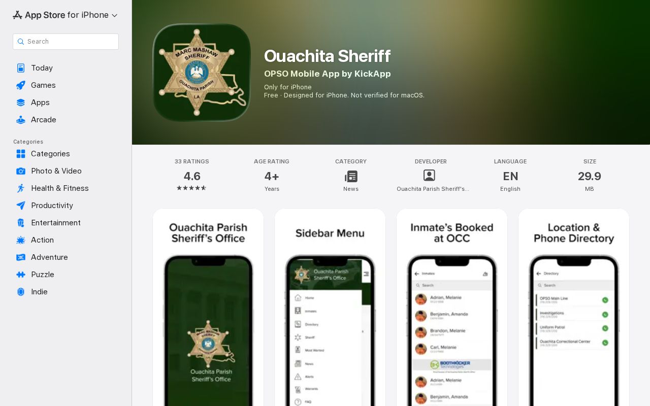 Ouachita Parish warrant app listing describing active arrest warrant viewing and name and date of birth alerts