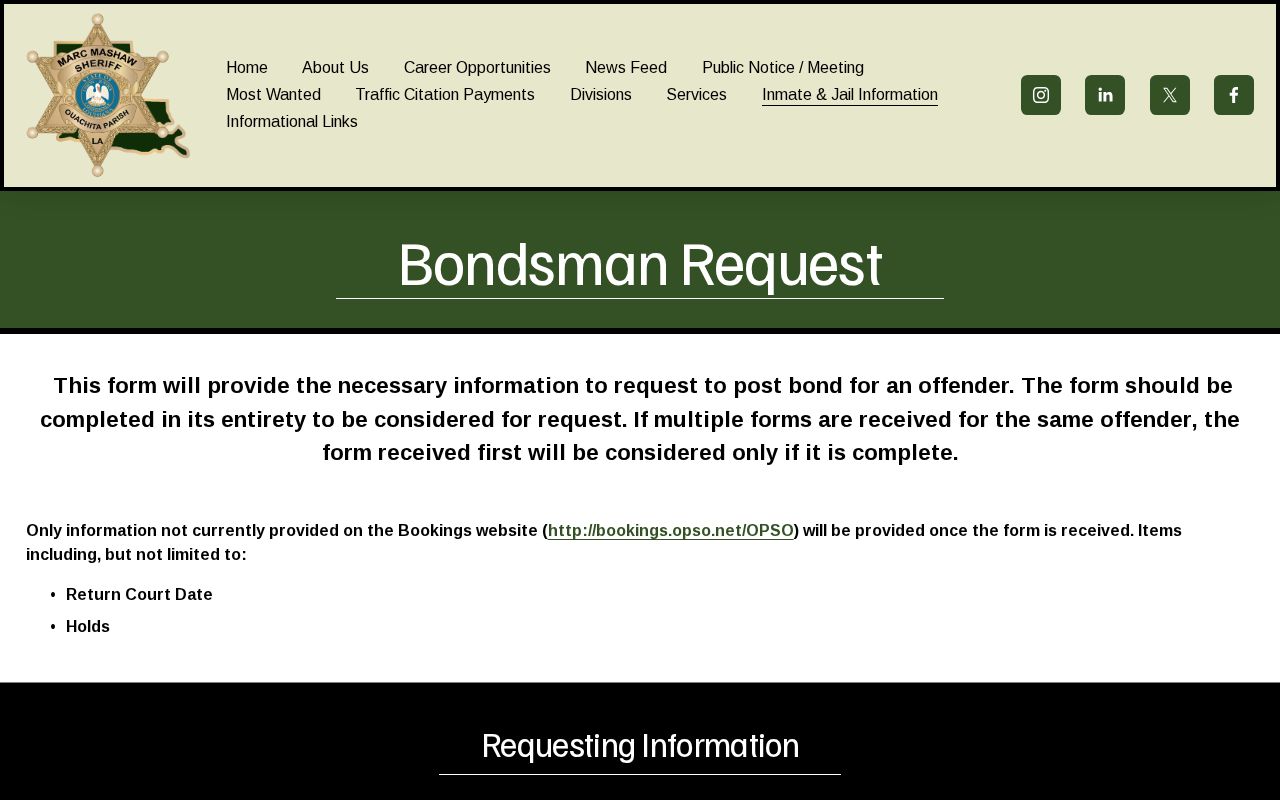 Ouachita Parish warrant bond information request page for approved bondsmen