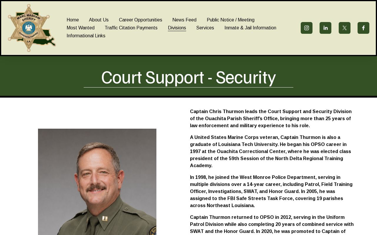 Ouachita Parish sheriff court support and security page describing warrant service and courthouse duties