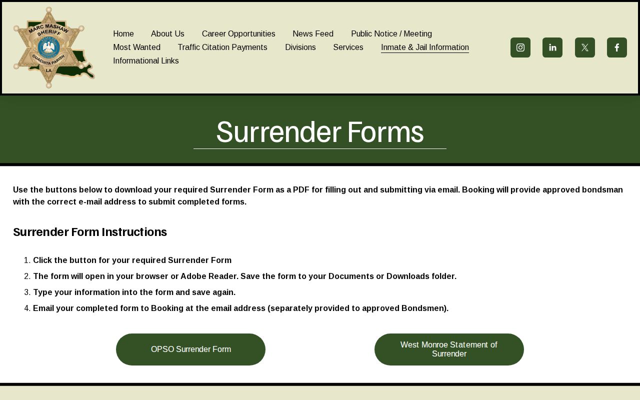 Ouachita Parish warrant surrender form instructions published by the sheriff's office