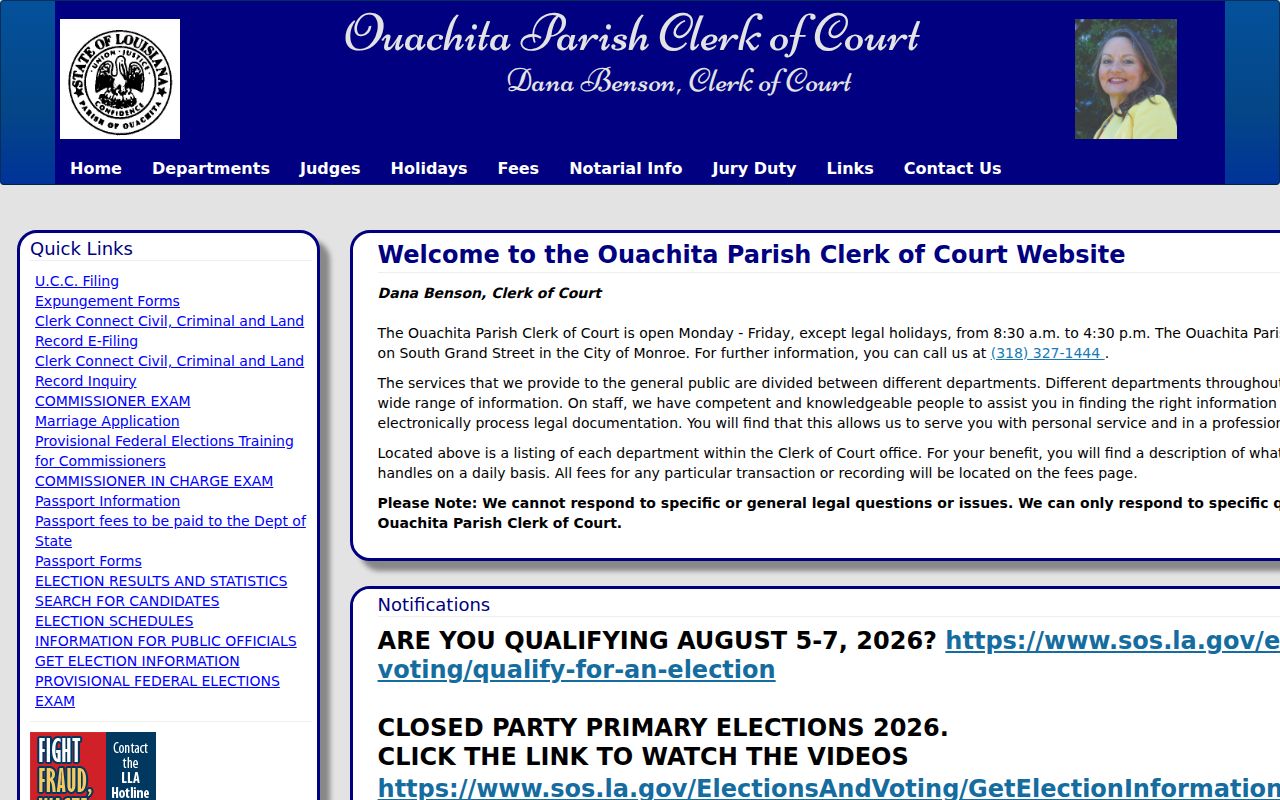 Ouachita Parish Clerk of Court office page showing hours, Clerk Connect access, and the public question line