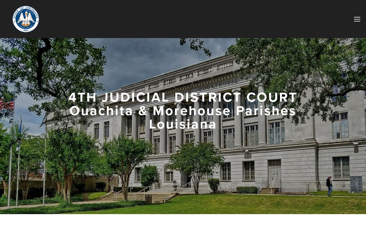Fourth Judicial District Court page showing the Ouachita Parish courthouse and the divisions that issue warrant records