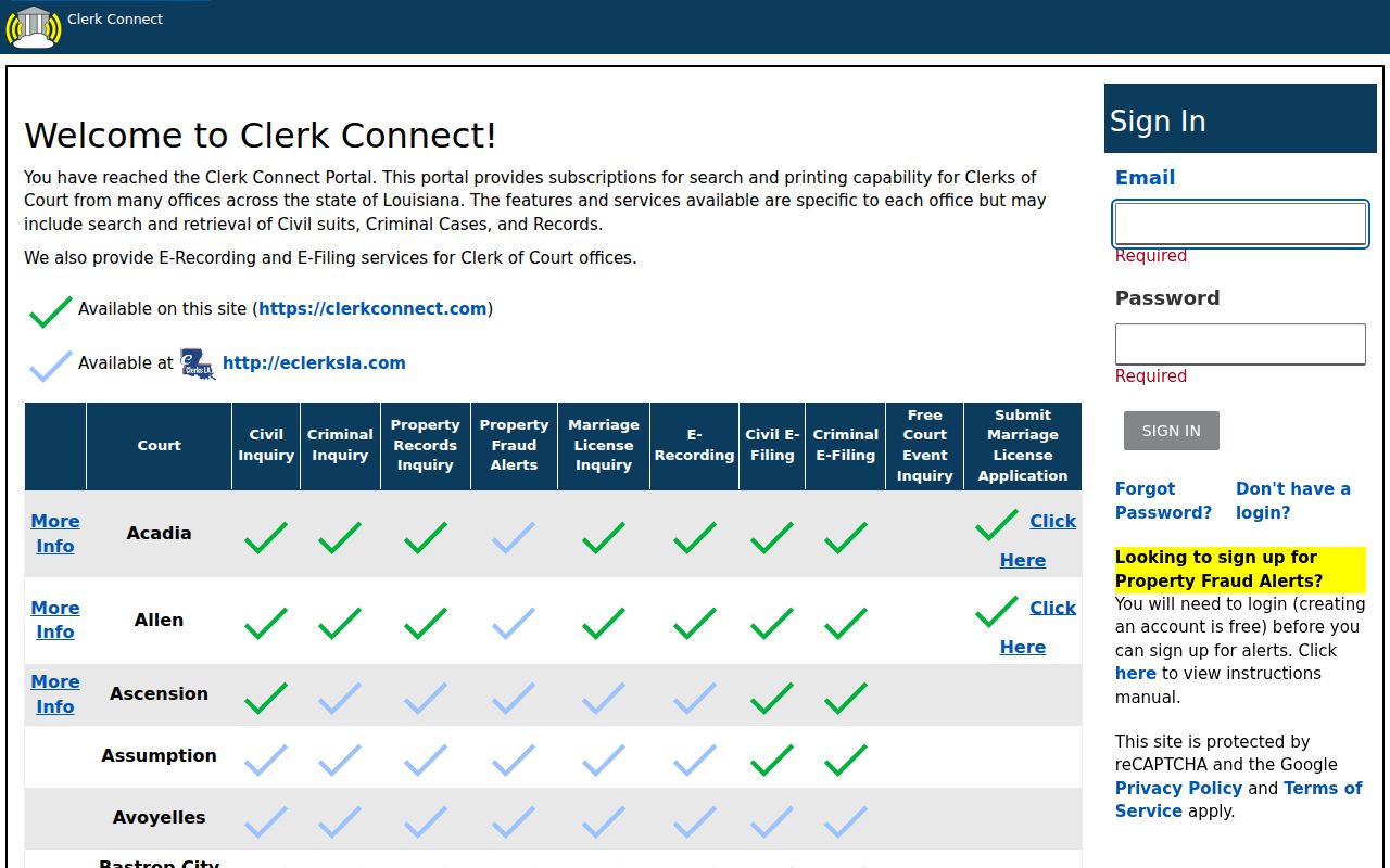 Clerk Connect portal landing page for Ouachita Parish court record inquiry