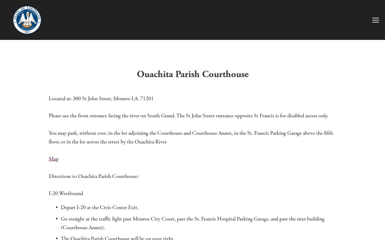 Fourth Judicial District Court directions and parking page for Ouachita Parish bench warrant appearances