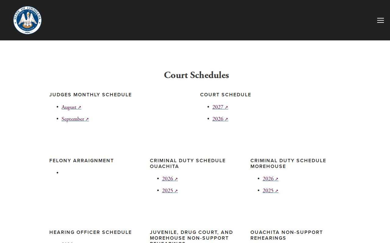 Fourth Judicial District Court criminal duty schedule used for Ouachita Parish bench warrant appearances