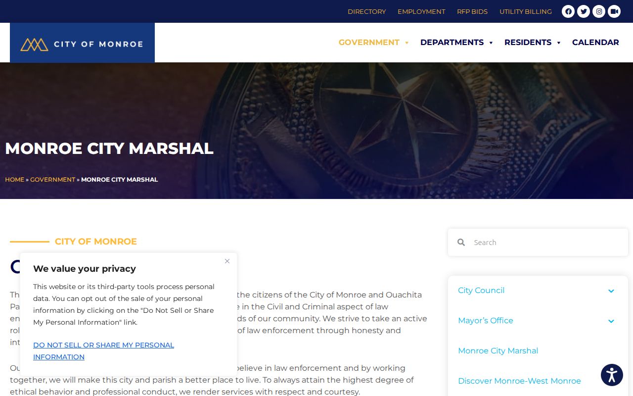 Monroe City Marshal office page describing city court order service and Monroe warrant enforcement