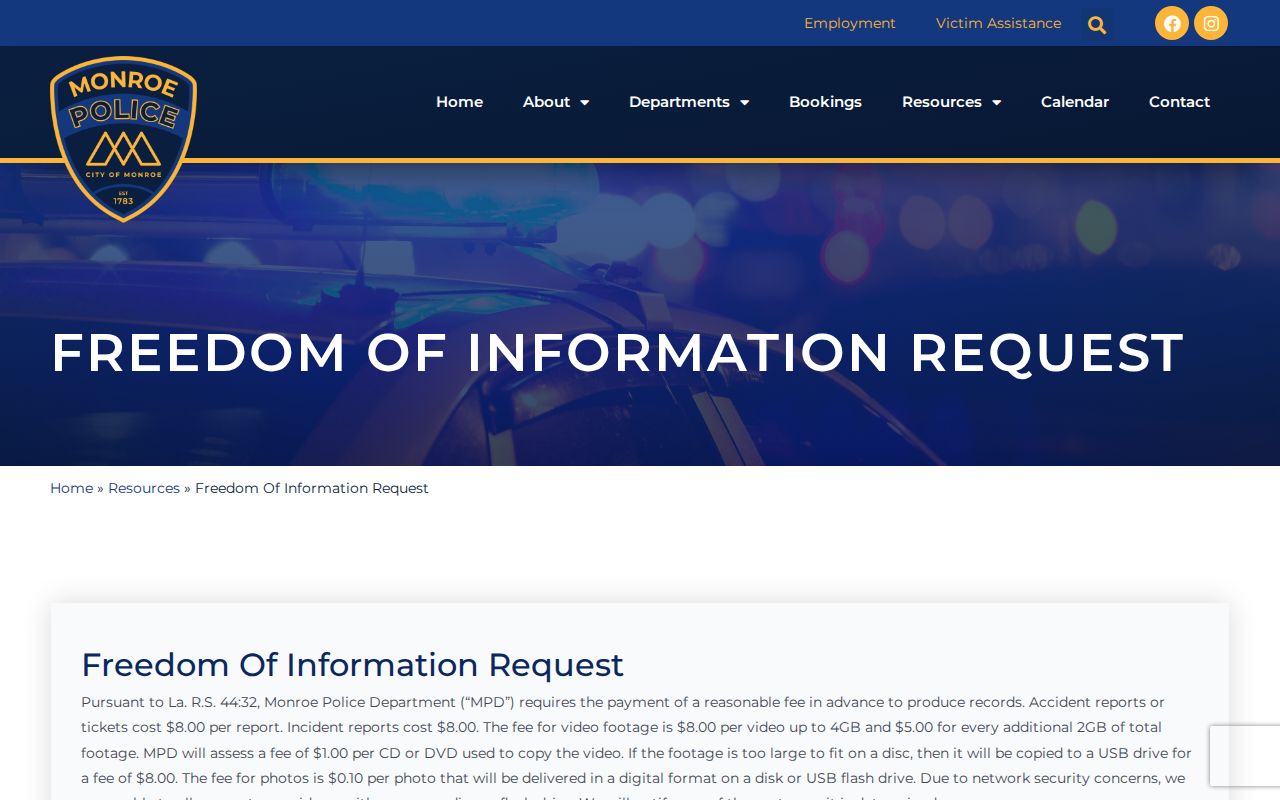 Monroe Police Department FOI request form and fee schedule for Monroe warrant and report records