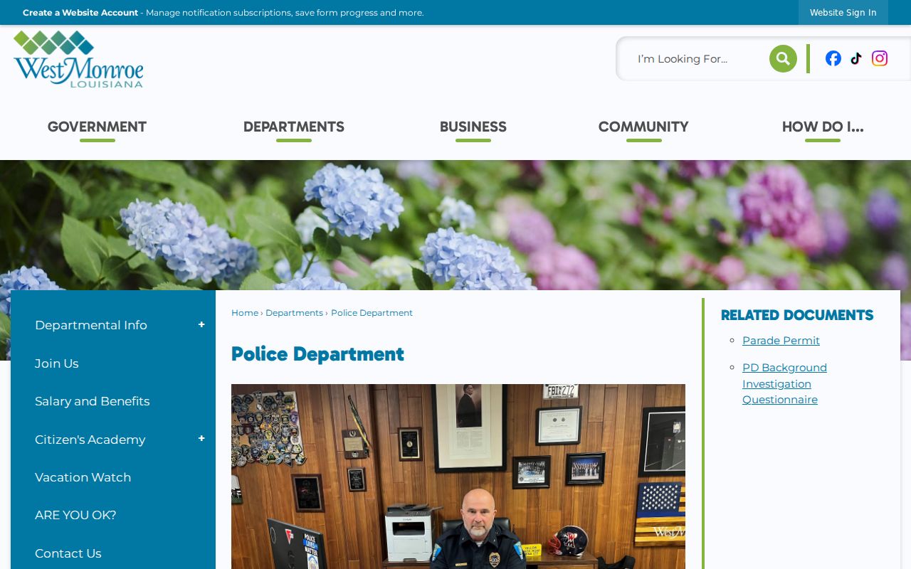 West Monroe Police Department page with contact details for West Monroe warrant and records questions