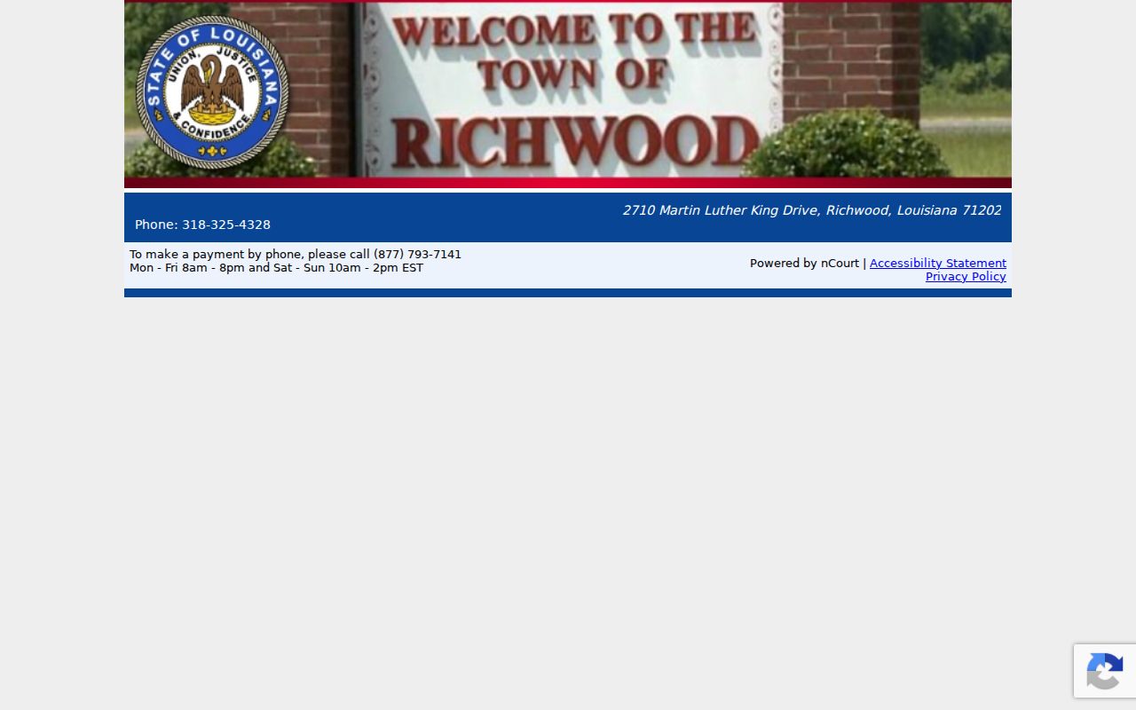 Ouachita Parish town court payment page showing clerk hours and a phone payment line for municipal warrant fines