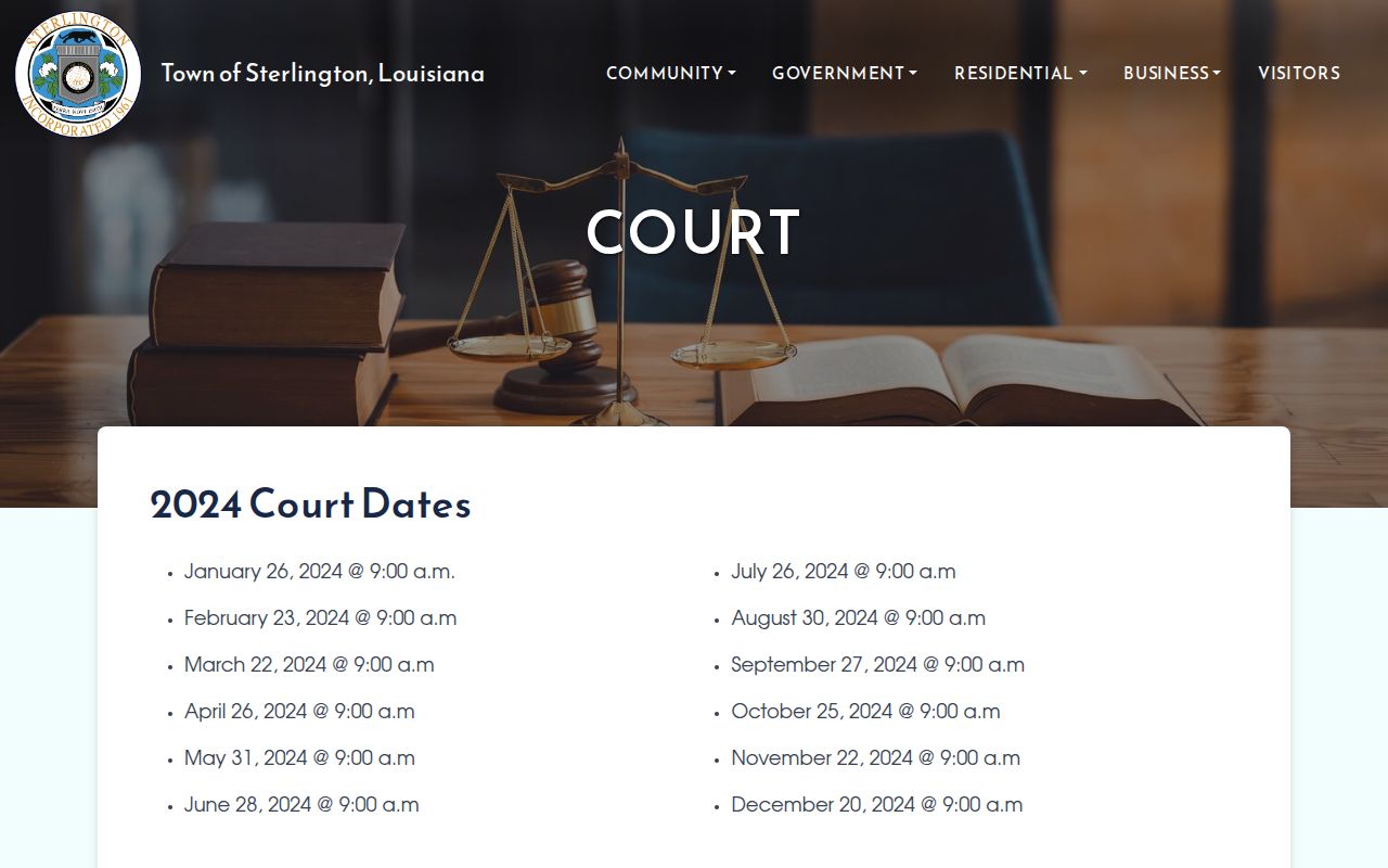 Sterlington mayor's court page showing courtroom rules and posted court dates for Ouachita Parish warrant hearings