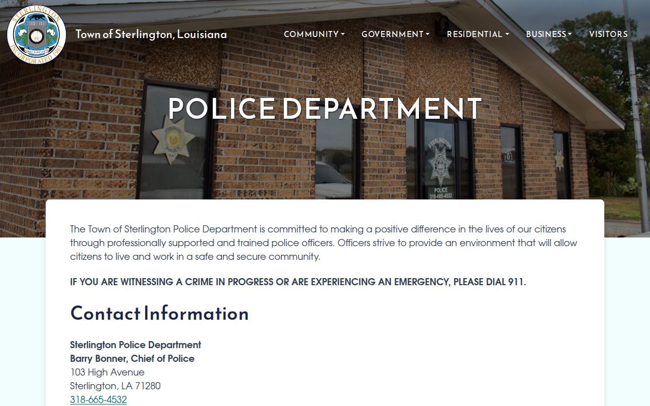 Sterlington Police Department contact page listing the town police address and phone for Ouachita Parish warrant questions