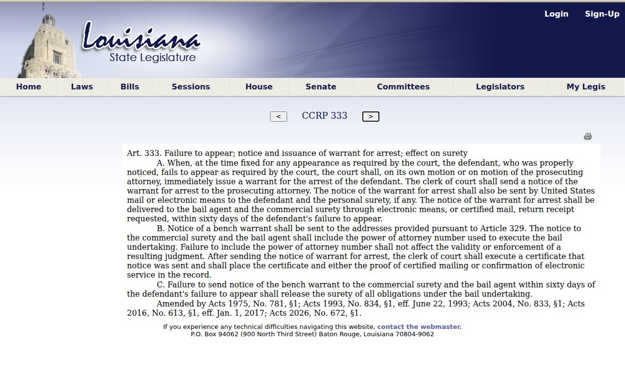 Louisiana bench warrant and failure to appear statute text relevant to Ouachita Parish warrants