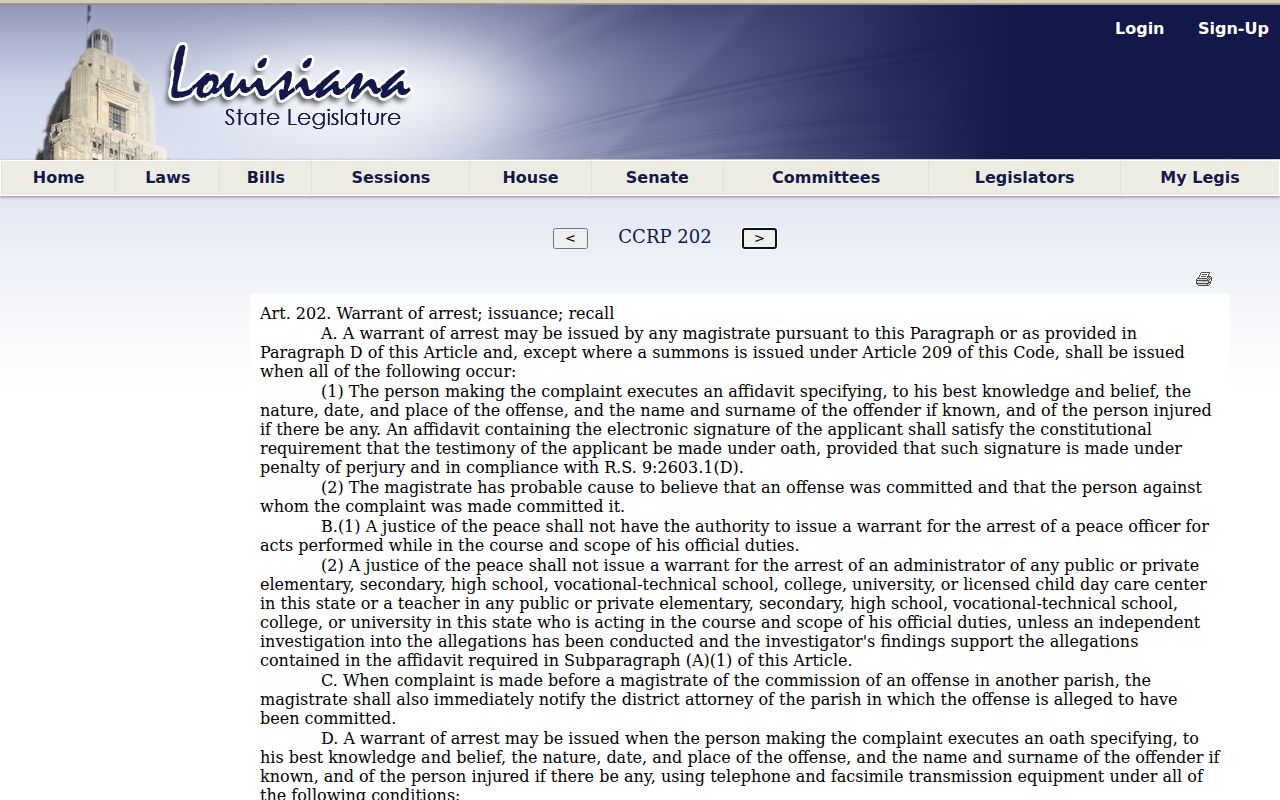 Louisiana statute text on arrest warrant issuance used for Ouachita Parish most wanted context