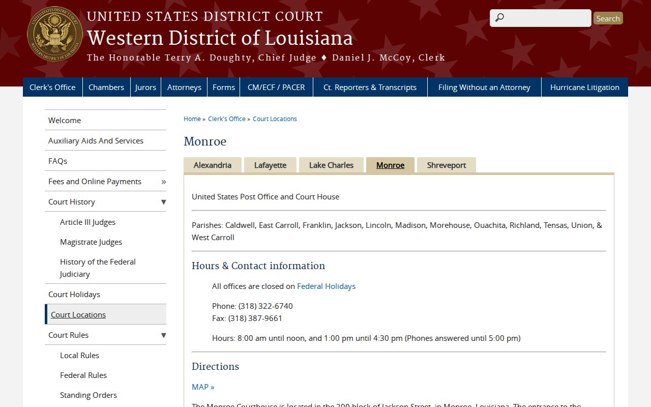 Monroe federal courthouse page for the Western District of Louisiana with address and hours