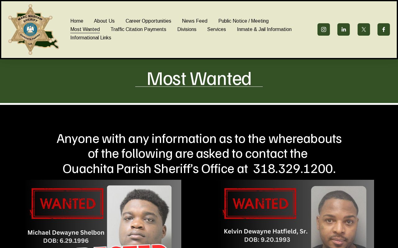 Ouachita Parish Sheriff's Office Most Wanted page frame showing the warrant notice and contact route