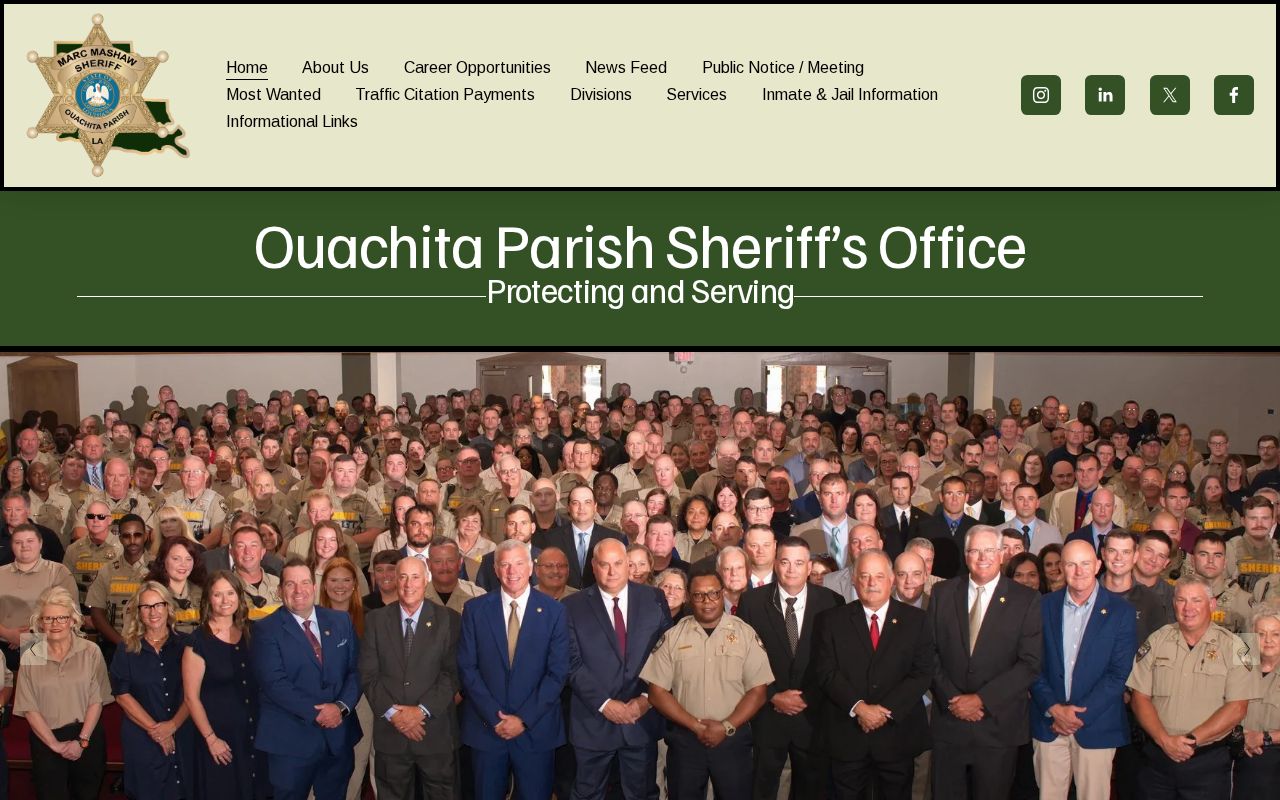 Ouachita Parish Sheriff's Office home page navigation showing records, bookings, app, and most wanted routes