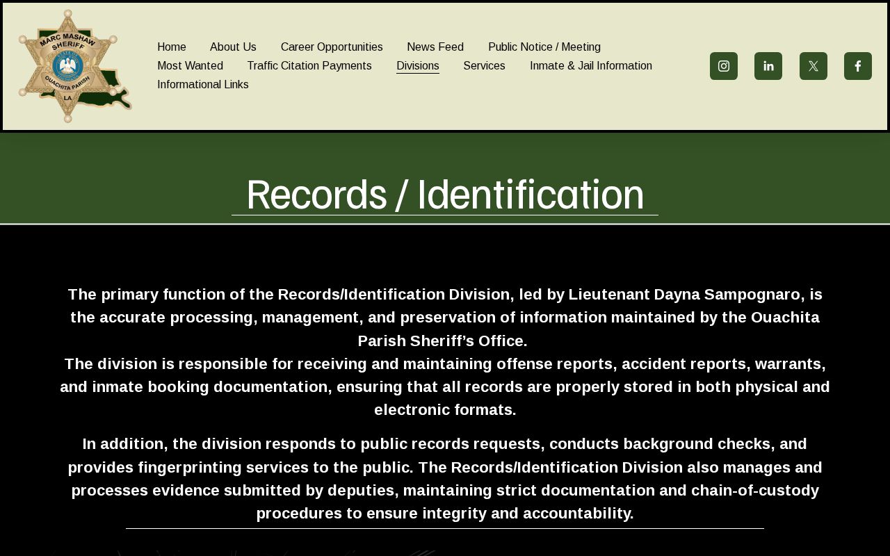 Ouachita Parish Sheriff's Office Records/Identification page describing warrant records and the public phone line